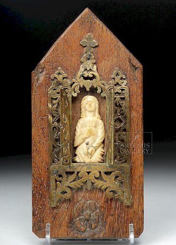 Rare 18th C. Greek Wood, Ivory & Gilded Bronze Icon