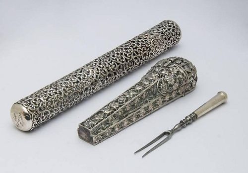 UNGER BROS. MONOGRAMMED, PIERCED SILVER CASE AND A CONTINENTAL SILVER FILIGREE ETUI CASE