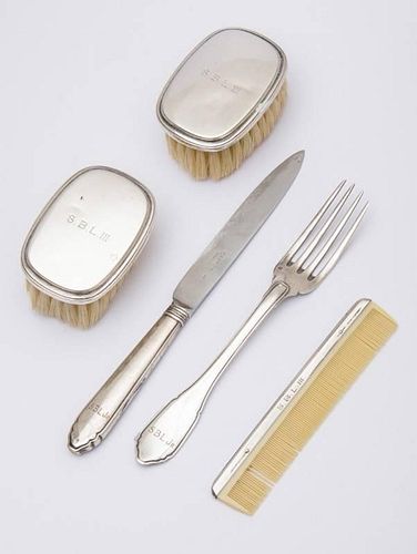 CONTINENTAL SILVER (950) CHILD'S FORK AND KNIFE AND A PAIR OF CARTIER CHILD'S BRUSHES AND MATCHING COMB
