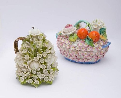TWO PORCELAIN FLORAL-ENCRUSTED TABLE ARTICLES