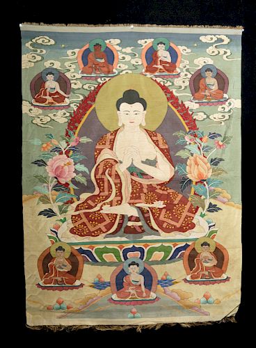 19th C. Chinese Silk Kesi-Stitch Thangka - Sakyamuni