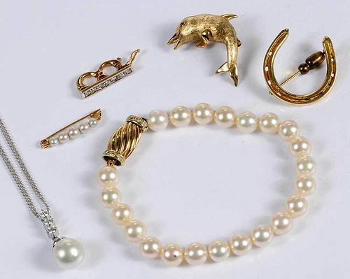 Six Pieces Gold, Pearl & Diamond Jewelry