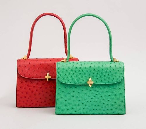 TWO HELLER OSTRICH PATTERNED RED AND GREEN LEATHER HANDBAGS