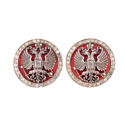Russian Faberge style 56 Yellow Gold (14K), Diamond, Guilloche Enamel and Silver Cufflinks with Rus