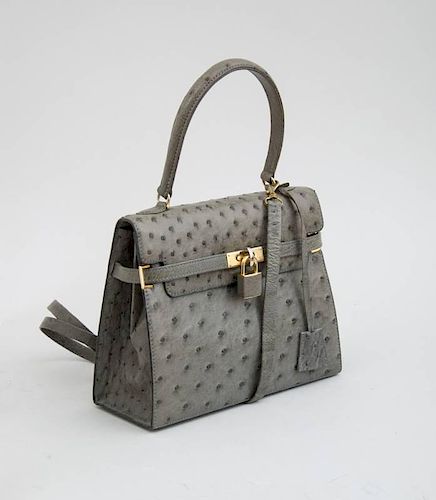 MORABITO SMALL OSTRICH PATTERNED GRAY LEATHER HANDBAG