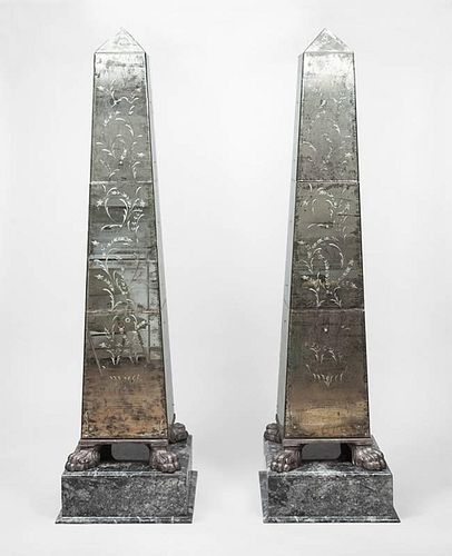 Pair of Neoclassical Style Reverse Etched and Antiqued Mirror Glass Obelisks