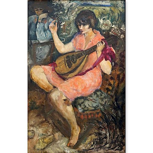 after: Marcel Dyf, French (1899-1985) Oil on Canvas, Woman Playing Mandolin. Signed lower right. Go