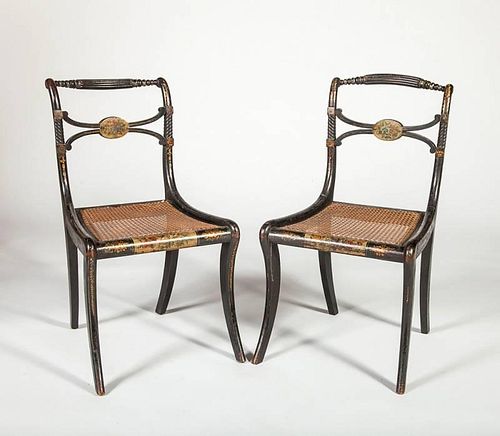 Pair of Regency Black Painted and Caned Side Chairs
