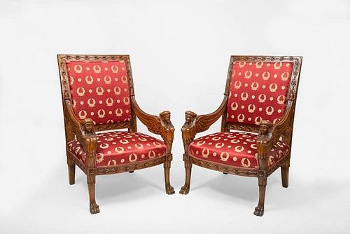 Pair of Empire Style Carved Mahogany Armchairs, 20th Century
