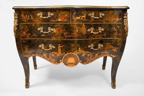 Louis XV Style Lacquer Chinoiserie Metal-Mounted, Serpentine-Front Commode, 20th Century