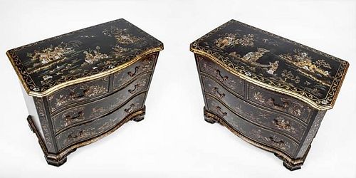 Pair of Continental Chinoiserie Decorated Ebonized and Parcel-Gilt Chest of Drawers