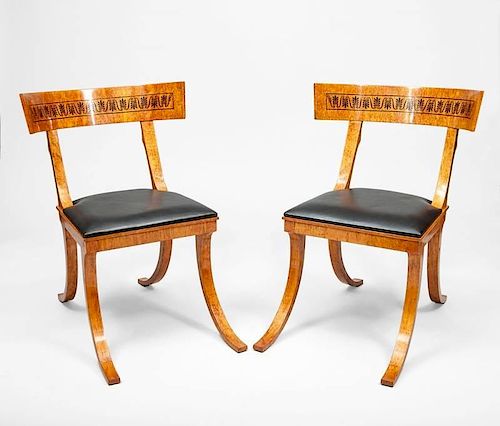 Pair of Russian Neoclassical Style Inlaid Karelian Birch Klismos Chairs