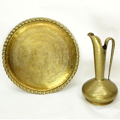 Grouping of Two (2): Large Brass Charger and Large Italian Brass Ewer. Charger is unsigned, ewer is