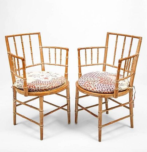Pair of English Faux Bamboo and Caned Armchairs