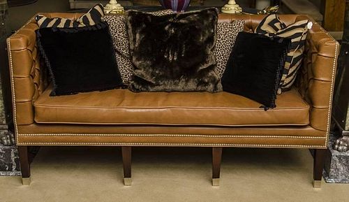 Chrome-Studded Brown Leather Upholstered Sofa, Ralph Lauren