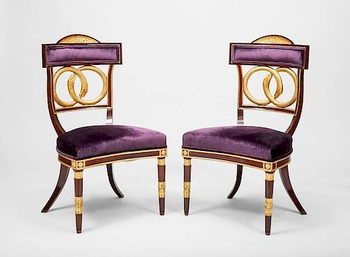Pair of Russian Neoclassical Style Mahogany and Parcel-Gilt Concave-Fronted Side Chairs