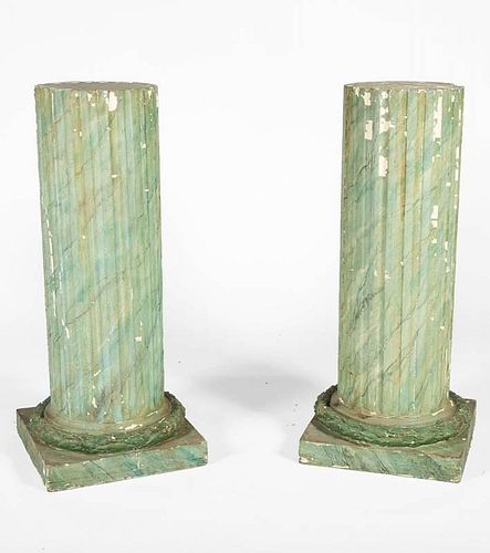 Pair of Green Painted Fluted Pedestals