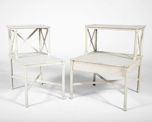 Two White Painted Two-Tiered Side Tables