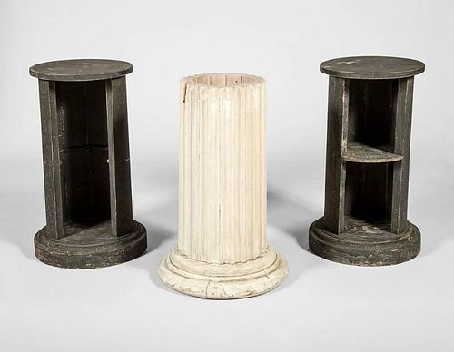 Pair of Black Painted Wood Pedestals and a White Painted Fluted Wood Pedestal