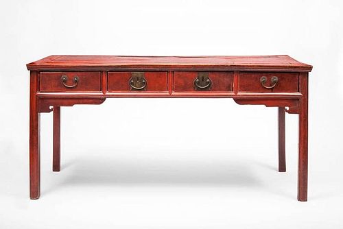 Chinese Red-Stained Elmwood Four-Drawer Side Table