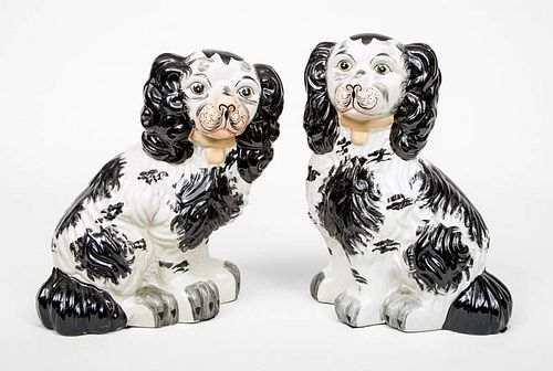 Assembled Pair of Staffordshire Black-Spotted Seated Spaniels, 20th Century