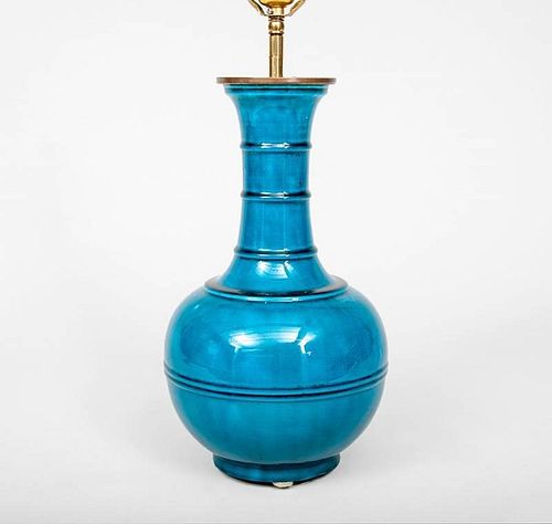 Turquoise Glazed Pottery Ringed Bottle-Form Table Lamp