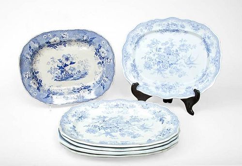 Group of Six Staffordshire Blue Transfer-Printed Platters