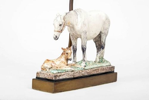 English Glazed Pottery Group, Mare and Foal, Mounted on Brass Lamp Stand