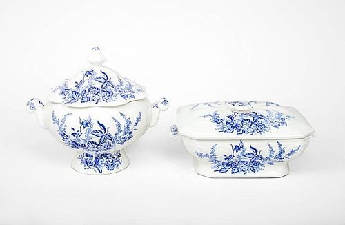 English Blue and White Pottery Covered Divided Vegetable Dish and a Covered Soup Tureen