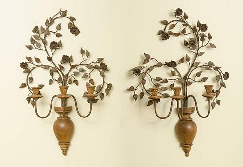 Pair of Rococo-Style Three-Light Foliate-Form Sconces