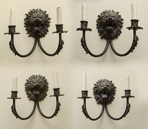Set of Four Baroque Style Black Patinated-Metal Two-Light Wall Appliques