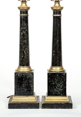 Pair of Neoclassical Style Brass-Mounted Black-Painted Tôle Column-Form Lamps