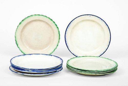 Five Staffordshire Green Shell-Tip Plates and Five Blue Shell-Tip Plates