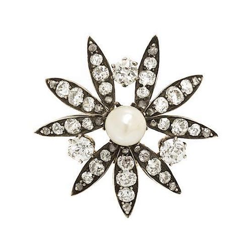 A Georgian Silver Topped Gold, Pearl and Diamond Brooch, 4.80 dwts.