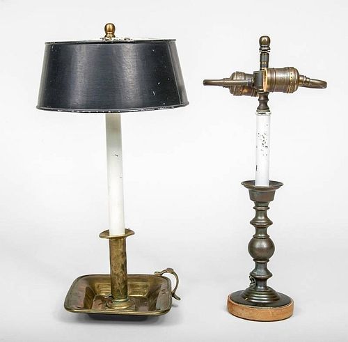English Brass Chamber Candlestick Lamp and a Baroque Style Brass Lamp
