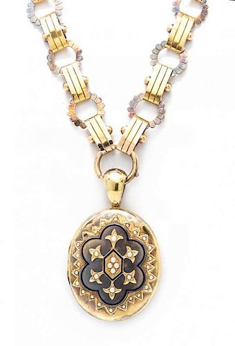 A Victorian Yellow Gold, Enamel and Split Pearl Locket and Necklace, 37.20 dwts.