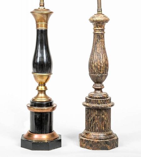Black and Gilt Enamel Column-Form Table Lamp and a Similar Carved Wood Reeded Lamp