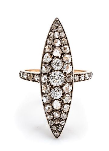 A Victorian Silver Topped Gold and Diamond Navette Ring, 3.20 dwts.