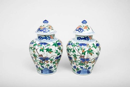 Pair of Modern Chinese Famille Verte Style Porcelain Jars and Covers