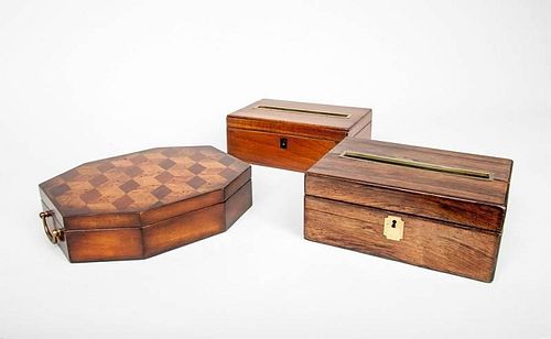 English Brass-Handled Cube Parquetry-Inlaid Octagonal Box, a Rosewood Letter Box and a Mahogany Letter Box