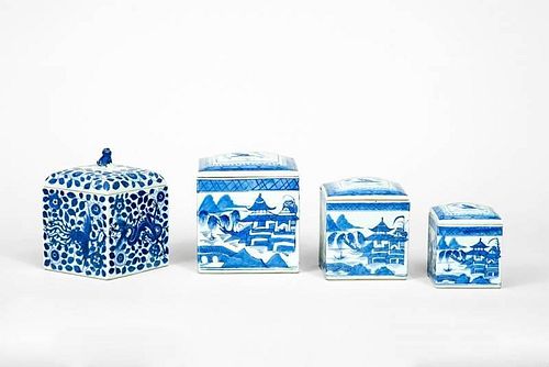 Three Chinese Porcelain Graduating Square Canisters with Lids, in the Willow Pattern
