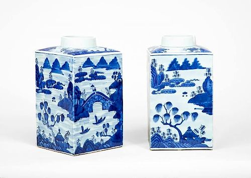 Pair of Large Canton Blue and White Porcelain Canisters, in the Willow Pattern