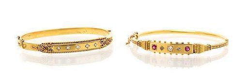A Collection of Antique Yellow Gold and Diamond Bangle Bracelets, 13.75 dwts.