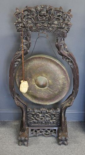 Antique Asian Gong With Highly Carved Ebonised