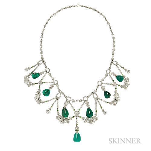 Platinum, Emerald, and Diamond Necklace