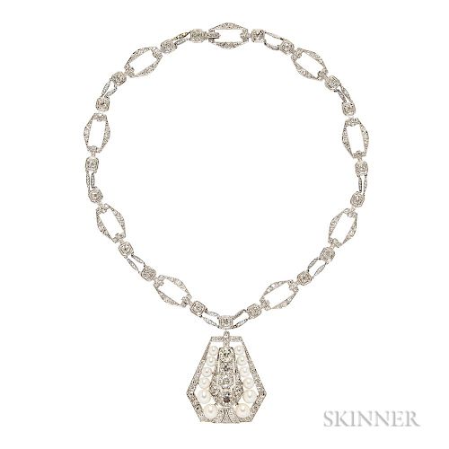 Art Deco Platinum, Diamond, and Pearl Pendant Necklace
