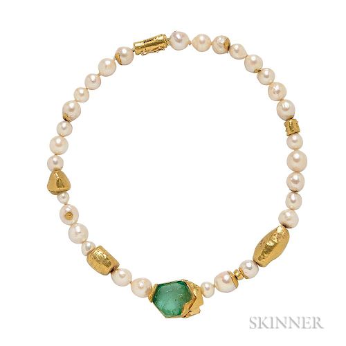 Gold, Emerald, and Baroque Pearl Necklace, Alexandra Watkins for Janiye