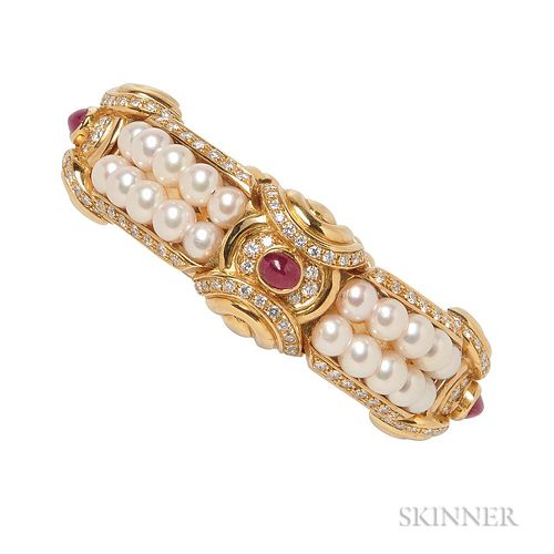 18kt Gold, Ruby, Cultured Pearl, and Diamond Bracelet