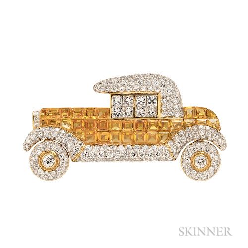 18kt Gold, Yellow Sapphire, and Diamond Automobile Brooch