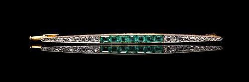 A Platinum Topped Gold, Diamond and Emerald Bar Brooch, 2.50 dwts.